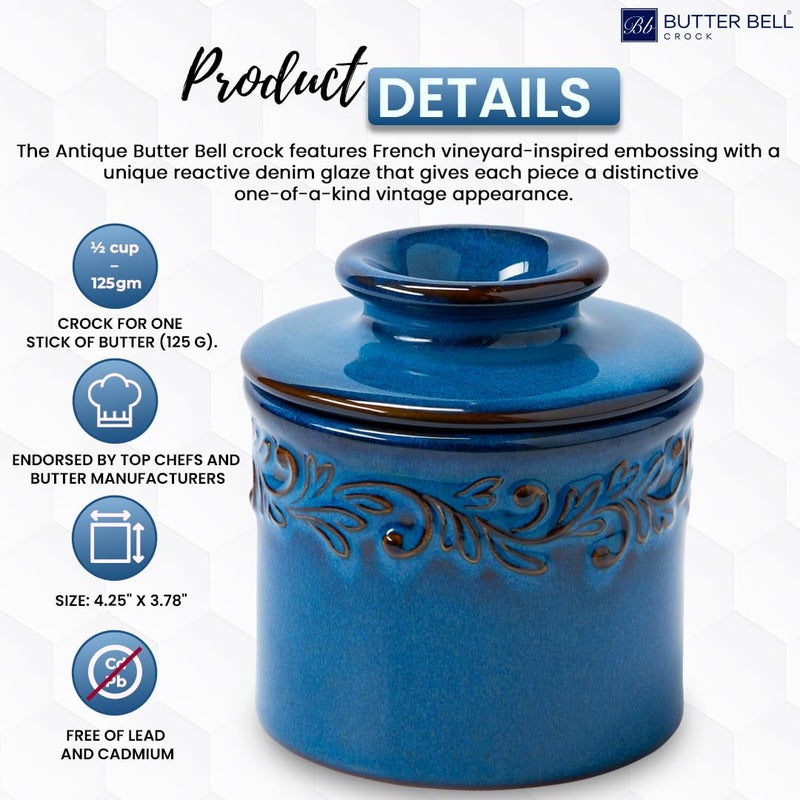 Butter Bell - The Original Butter Bell crock by L Tremain, a Countertop French Ceramic Butter Dish Keeper for Spreadable Butter, Antique Collection, Denim Blue (Reactive Glaze) - Image 4